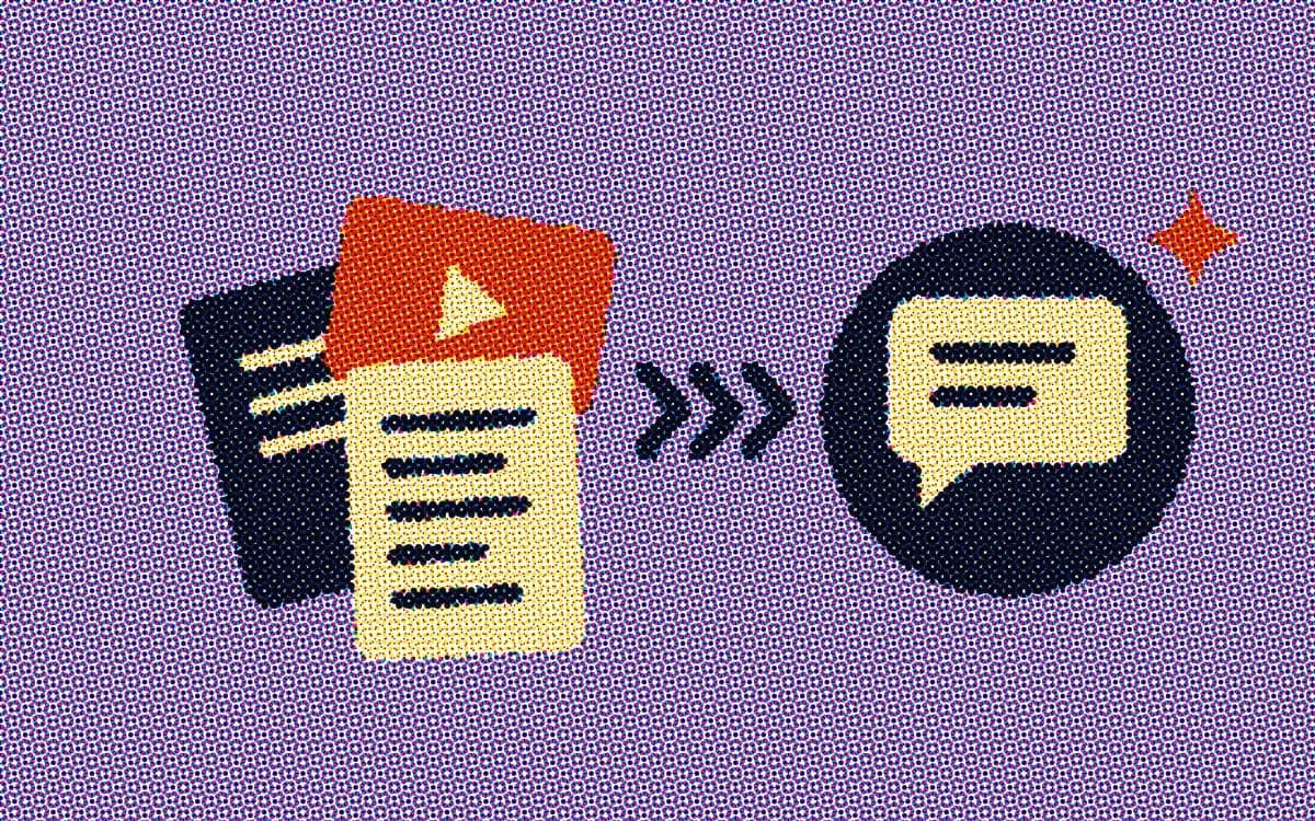Halftone illustration of a notebook, a video and a document flowing into a chat bubble