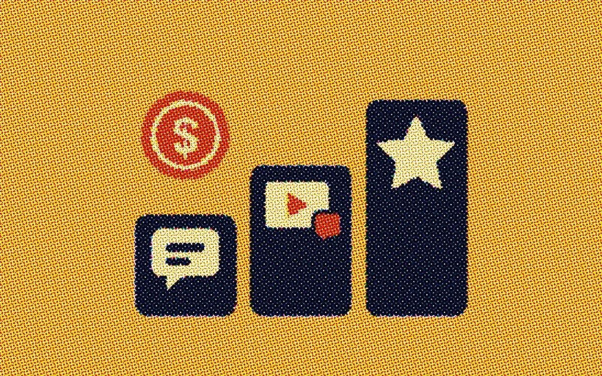 Halftone illustration of three rising pricing tiers marked with a chat bubble, a video course and a star, beside a dollar coin
